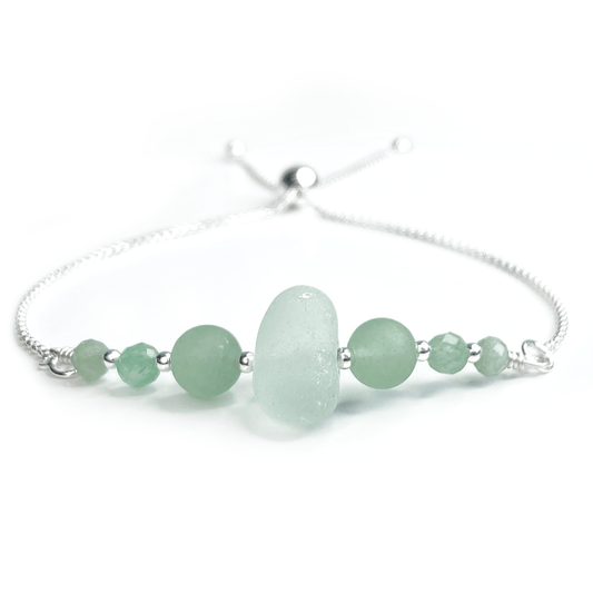 Green Sea Glass Bracelet - Sterling Silver Slider Bracelet with Aventurine Crystal Beads - East Neuk Beach Crafts