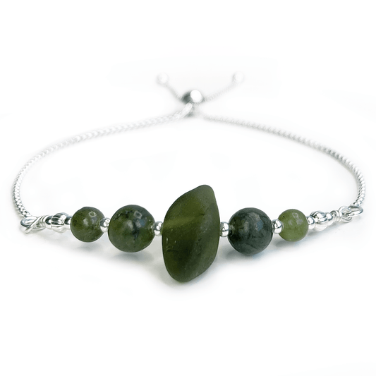 Green Sea Glass Bracelet - Sterling Silver Slider Bracelet with Jade Crystal Beads - East Neuk Beach Crafts