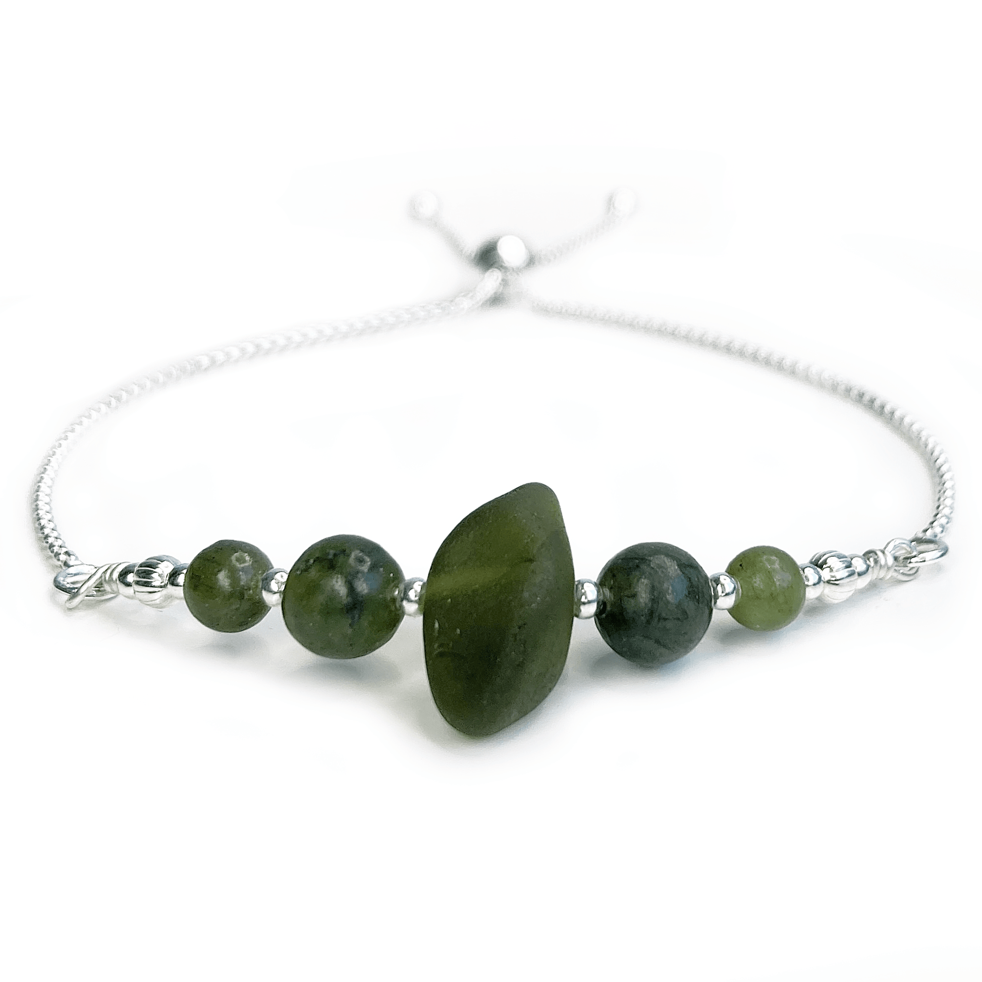 Green Sea Glass Bracelet - Sterling Silver Slider Bracelet with Jade Crystal Beads - East Neuk Beach Crafts