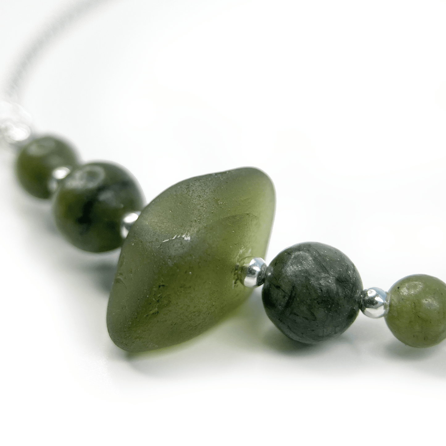 Green Sea Glass Bracelet - Sterling Silver Slider Bracelet with Jade Crystal Beads - East Neuk Beach Crafts