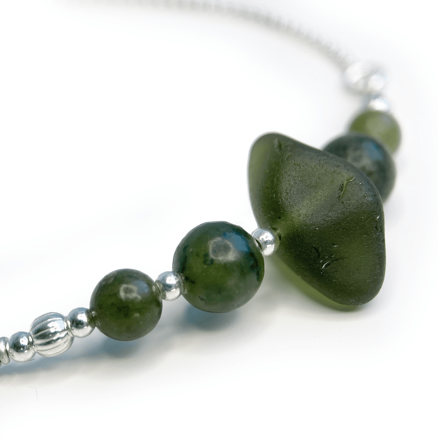 Green Sea Glass Bracelet - Sterling Silver Slider Bracelet with Jade Crystal Beads - East Neuk Beach Crafts