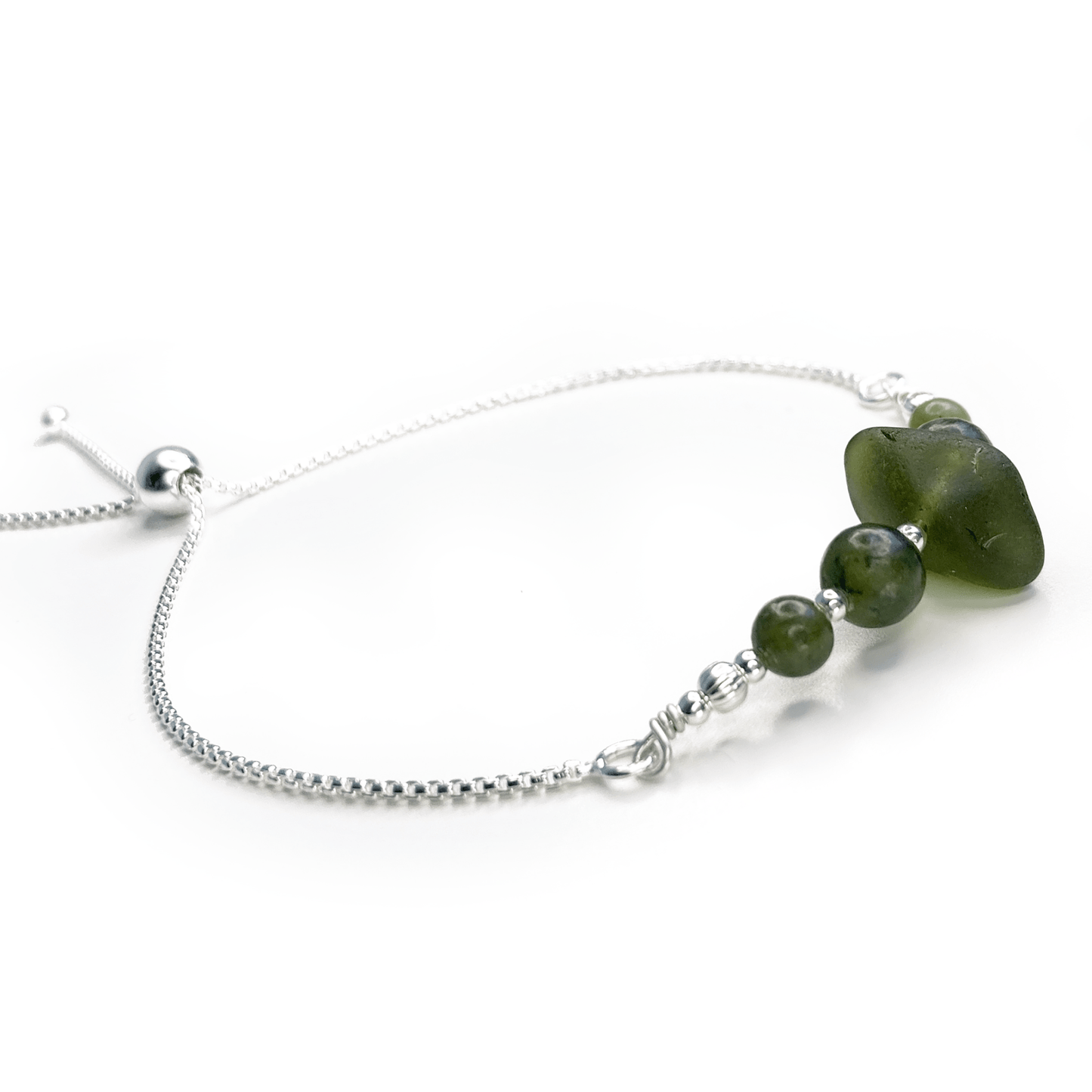 Green Sea Glass Bracelet - Sterling Silver Slider Bracelet with Jade Crystal Beads - East Neuk Beach Crafts