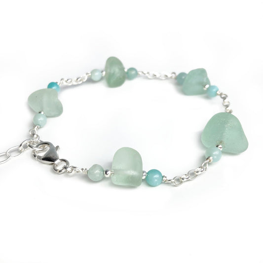 Green Sea Glass Bracelet with Amazonite Crystal Beads - Sterling Silver Scottish Jewellery - East Neuk Beach Crafts