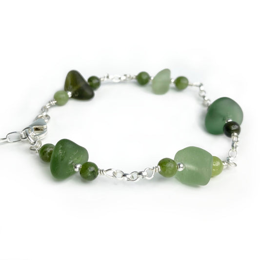 Green Sea Glass Bracelet with Jade Crystal Beads - Sterling Silver Scottish Jewellery - East Neuk Beach Crafts