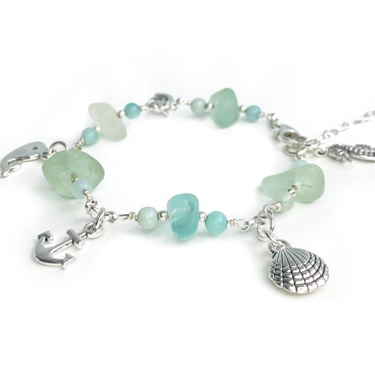 Green Sea Glass Charm Bracelet with Amazonite Crystal Beads - 5 x Seaside Charms - East Neuk Beach Crafts