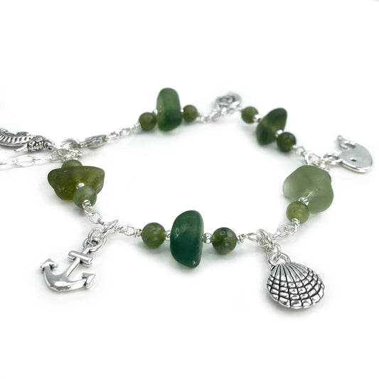 Green Sea Glass Charm Bracelet with Jade Crystal Beads - 5 x Seaside Charms - East Neuk Beach Crafts