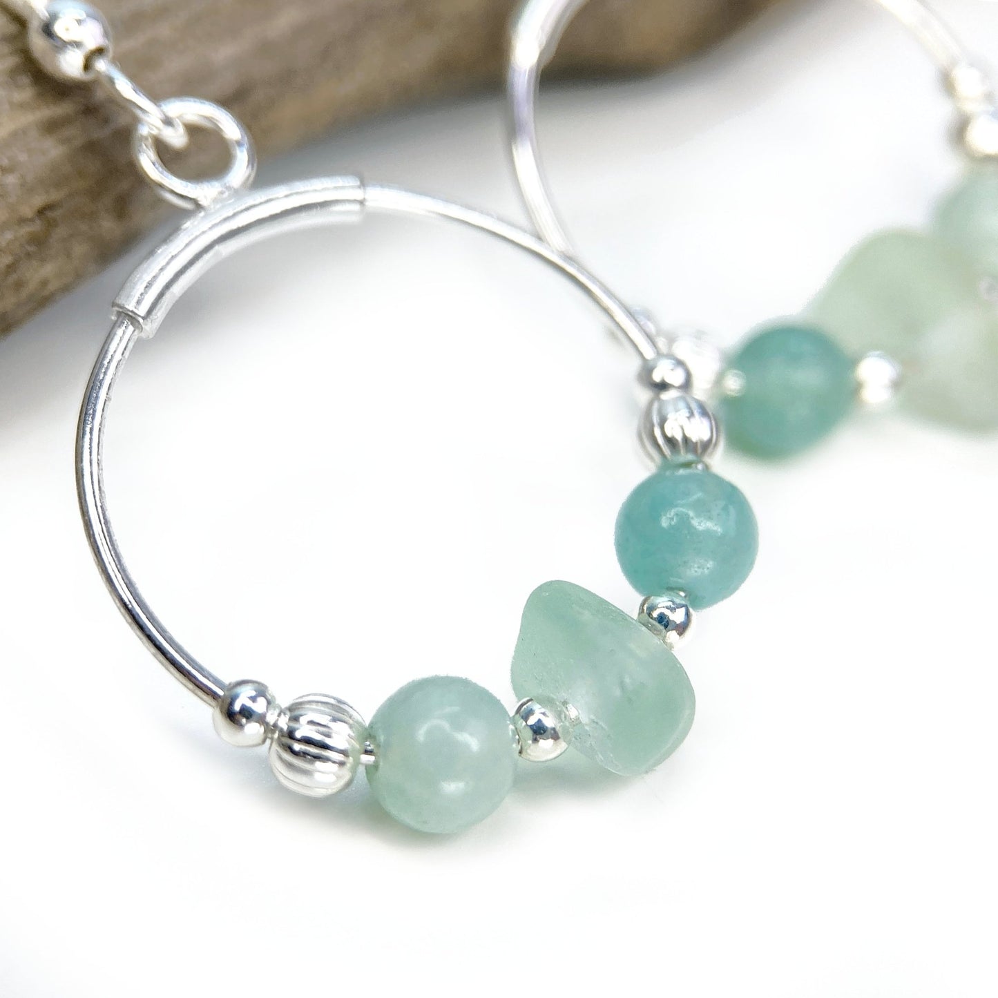 Green Sea Glass Dangly Earrings - Sterling Silver Beaded Hoops with Amazonite Crystal - East Neuk Beach Crafts