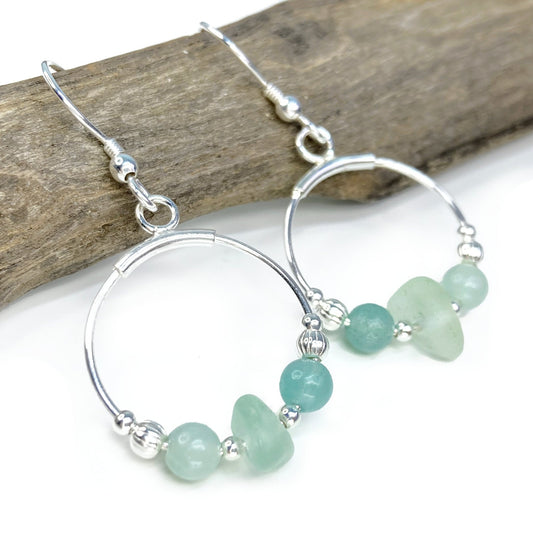 Green Sea Glass Dangly Earrings - Sterling Silver Beaded Hoops with Amazonite Crystal - East Neuk Beach Crafts