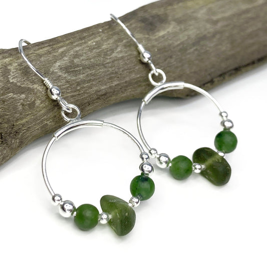 Green Sea Glass Dangly Earrings - Sterling Silver Beaded Hoops with Jade Crystal - East Neuk Beach Crafts