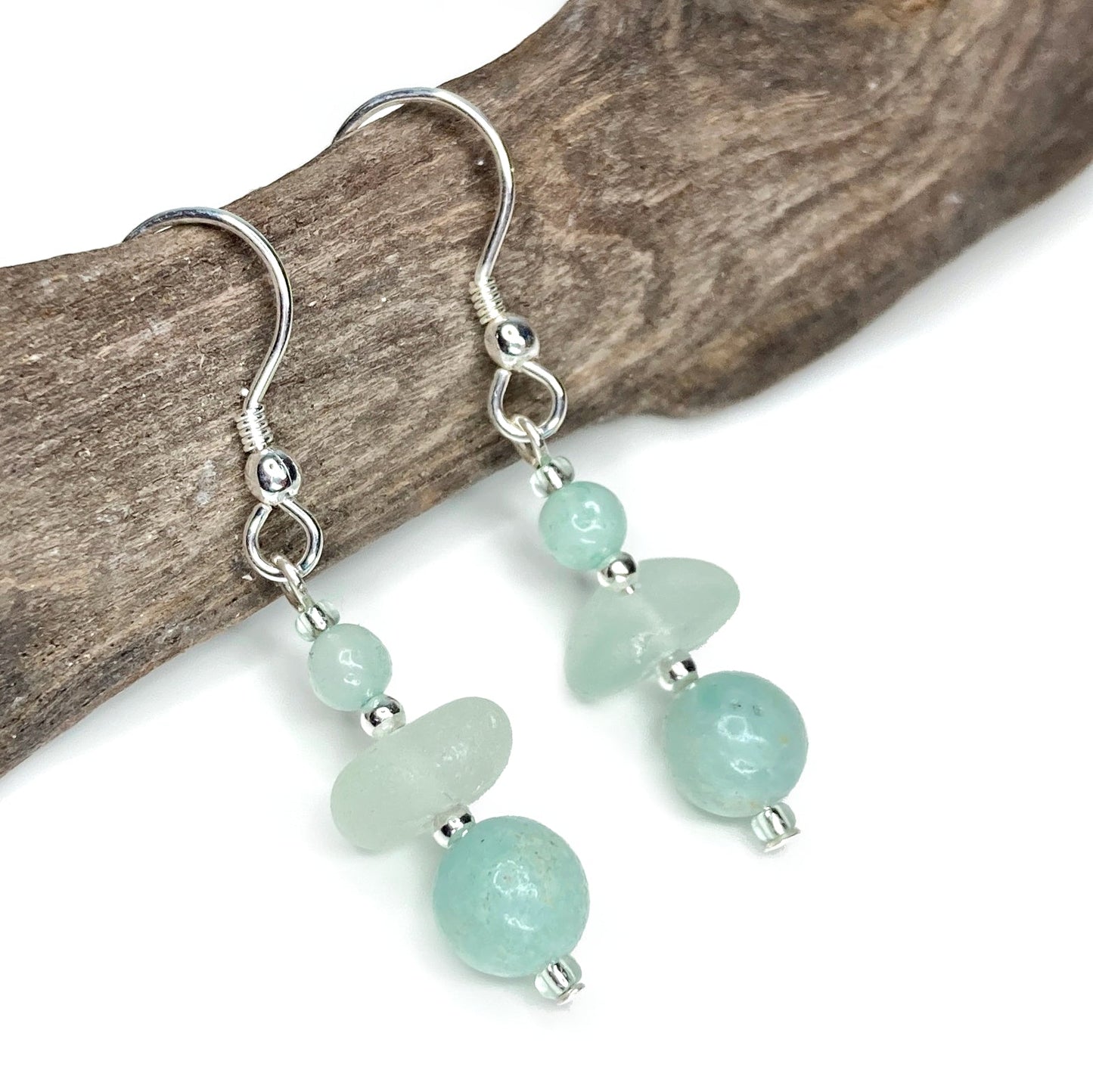 Green Sea Glass Earrings - Sterling Silver Beaded Earrings with Amazonite Crystal - East Neuk Beach Crafts