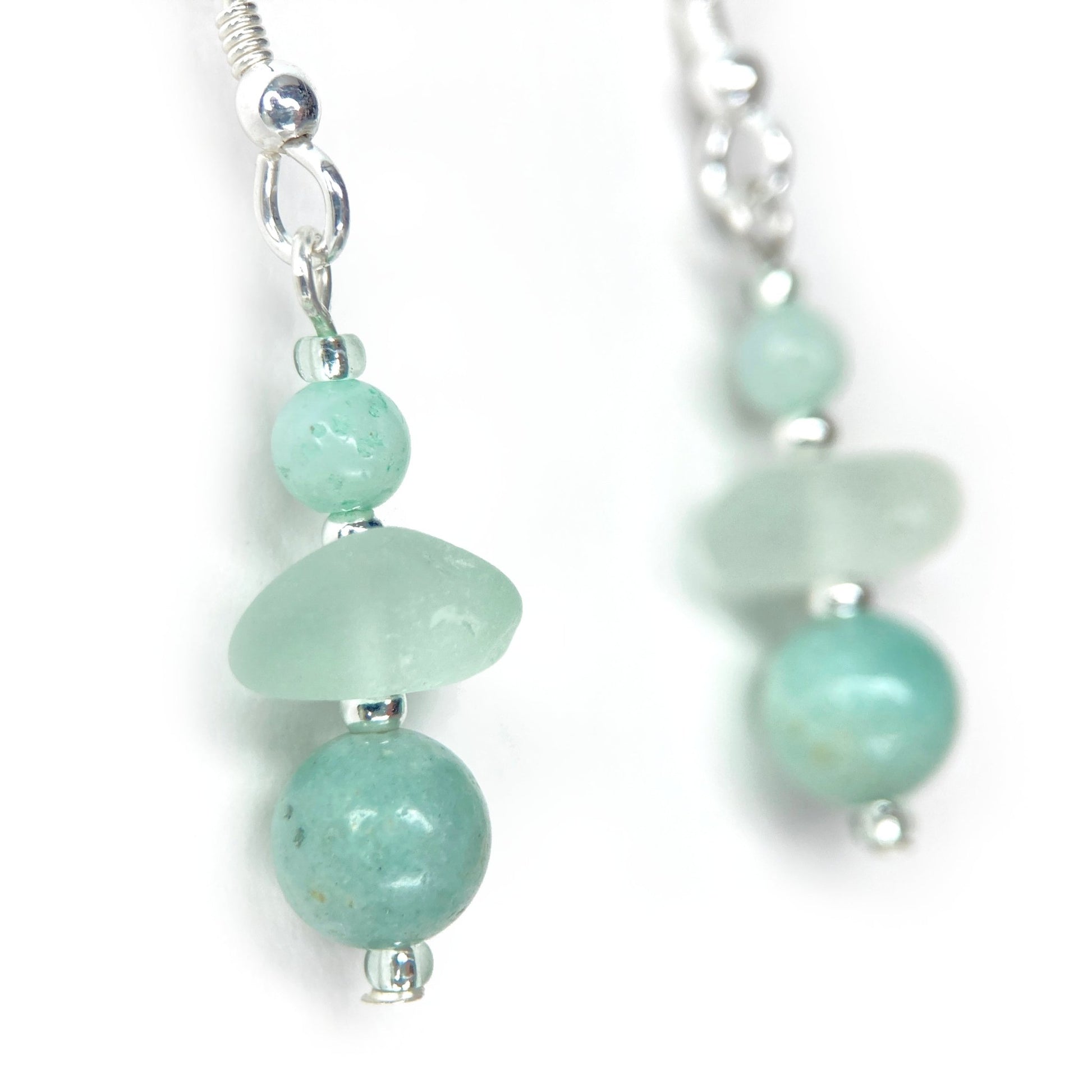 Green Sea Glass Earrings - Sterling Silver Beaded Earrings with Amazonite Crystal - East Neuk Beach Crafts