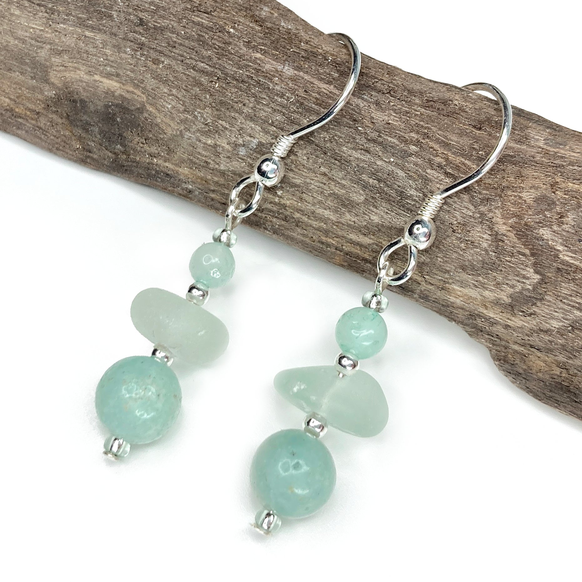 Green Sea Glass Earrings - Sterling Silver Beaded Earrings with Amazonite Crystal - East Neuk Beach Crafts