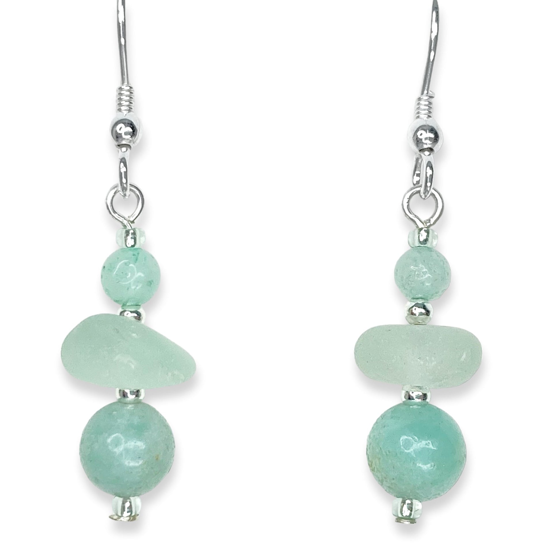 Green Sea Glass Earrings - Sterling Silver Beaded Earrings with Amazonite Crystal - East Neuk Beach Crafts