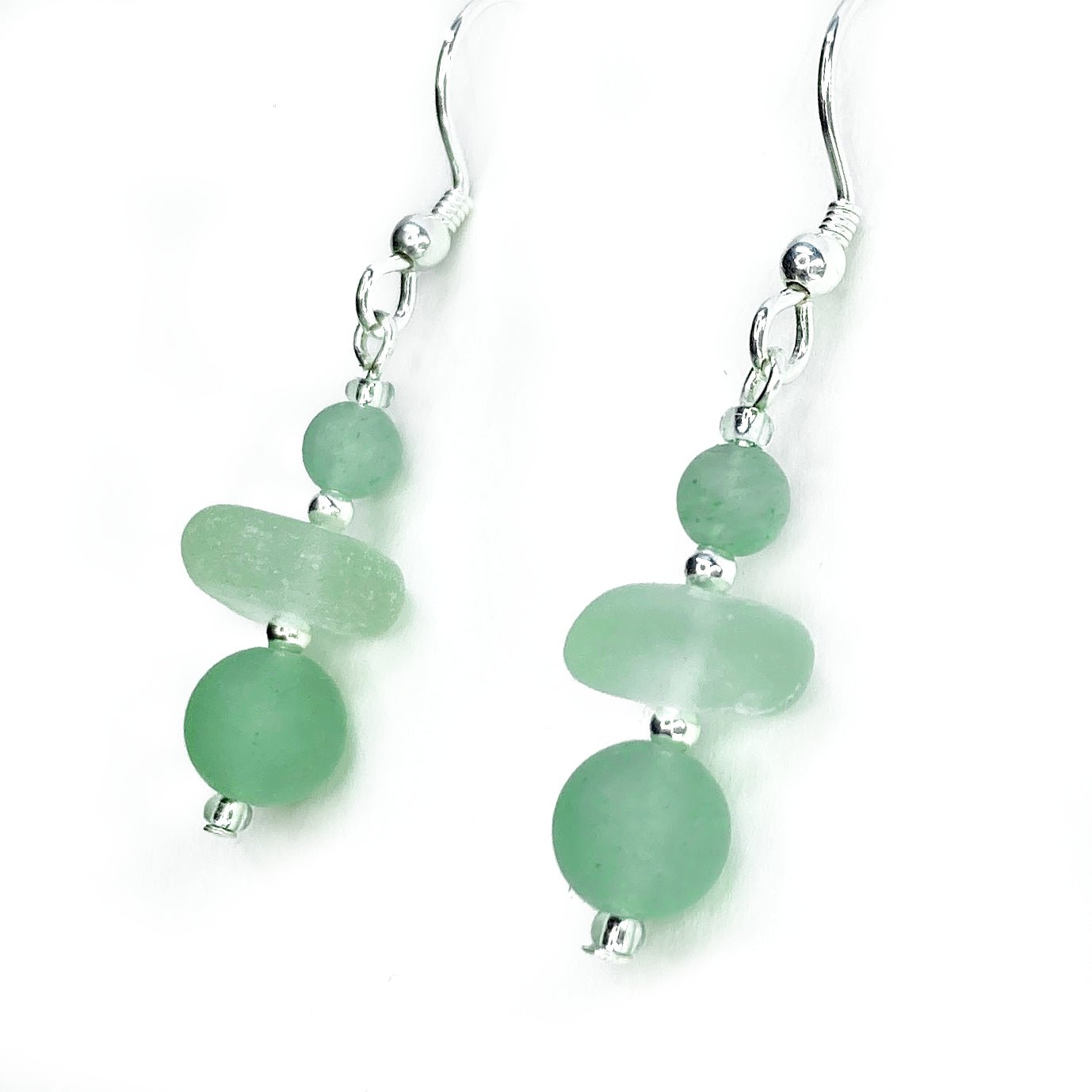 Green Sea Glass Earrings - Sterling Silver Beaded Earrings with Aventurine Crystal - East Neuk Beach Crafts