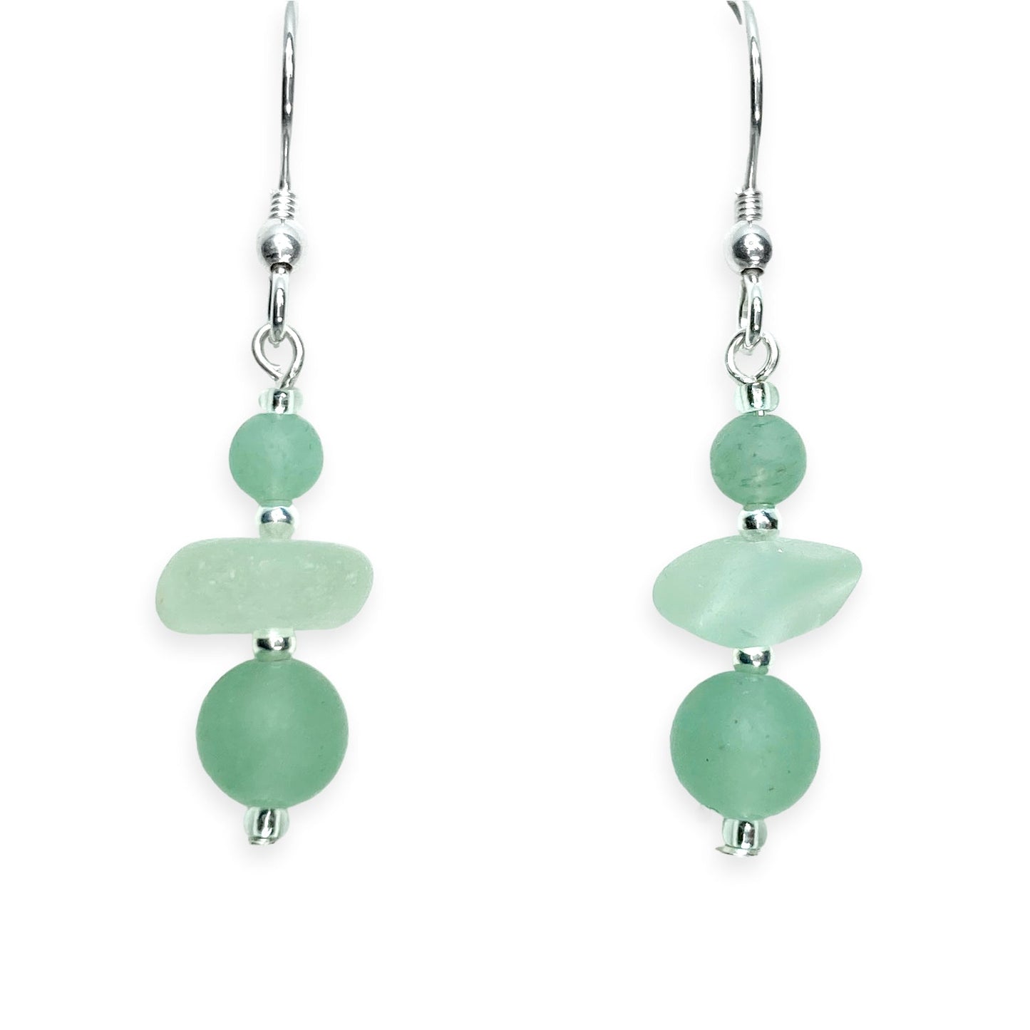 Green Sea Glass Earrings - Sterling Silver Beaded Earrings with Aventurine Crystal - East Neuk Beach Crafts