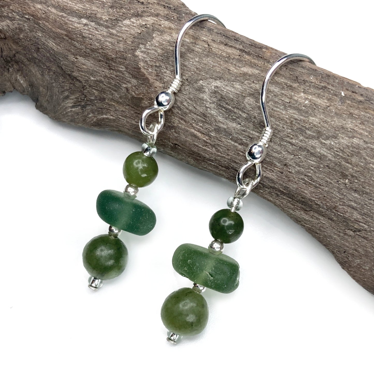 Green Sea Glass Earrings - Sterling Silver Beaded Earrings with Jade Crystal - East Neuk Beach Crafts