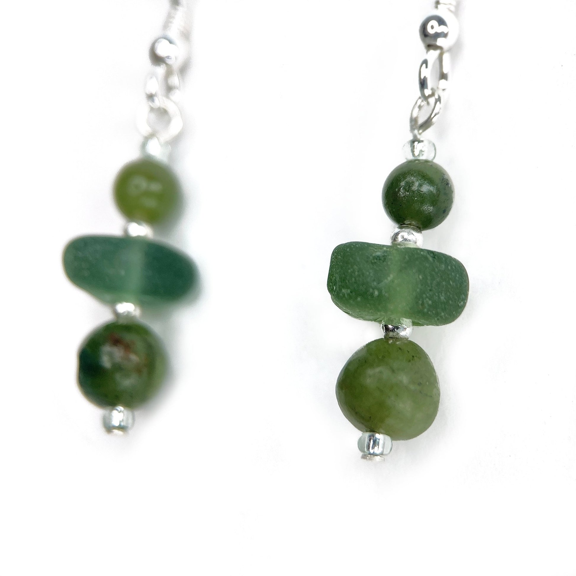 Green Sea Glass Earrings - Sterling Silver Beaded Earrings with Jade Crystal - East Neuk Beach Crafts