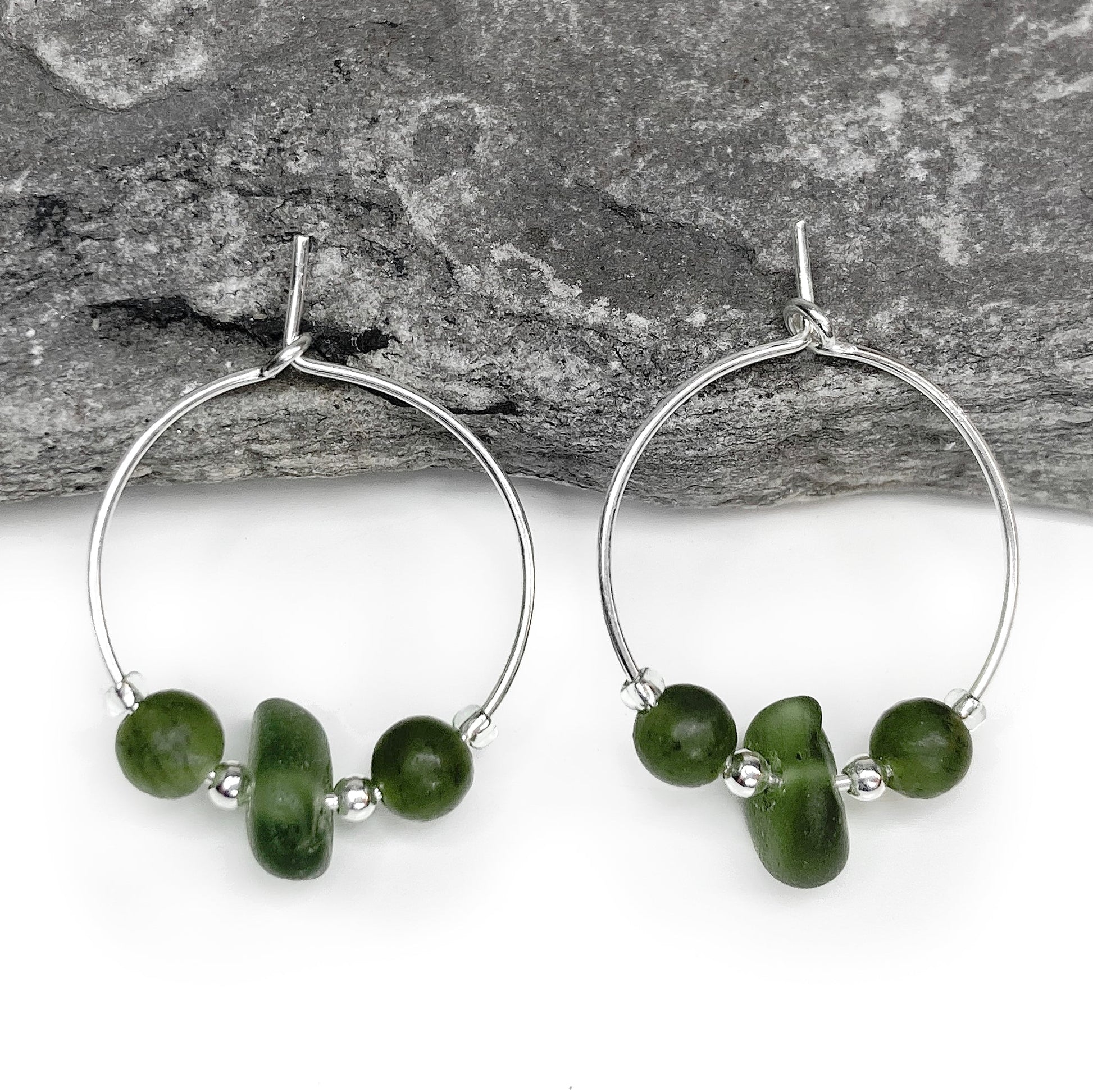 Green Sea Glass Small Hoop Earrings - 2cm Sterling Silver with Jade Crystal Beads - East Neuk Beach Crafts