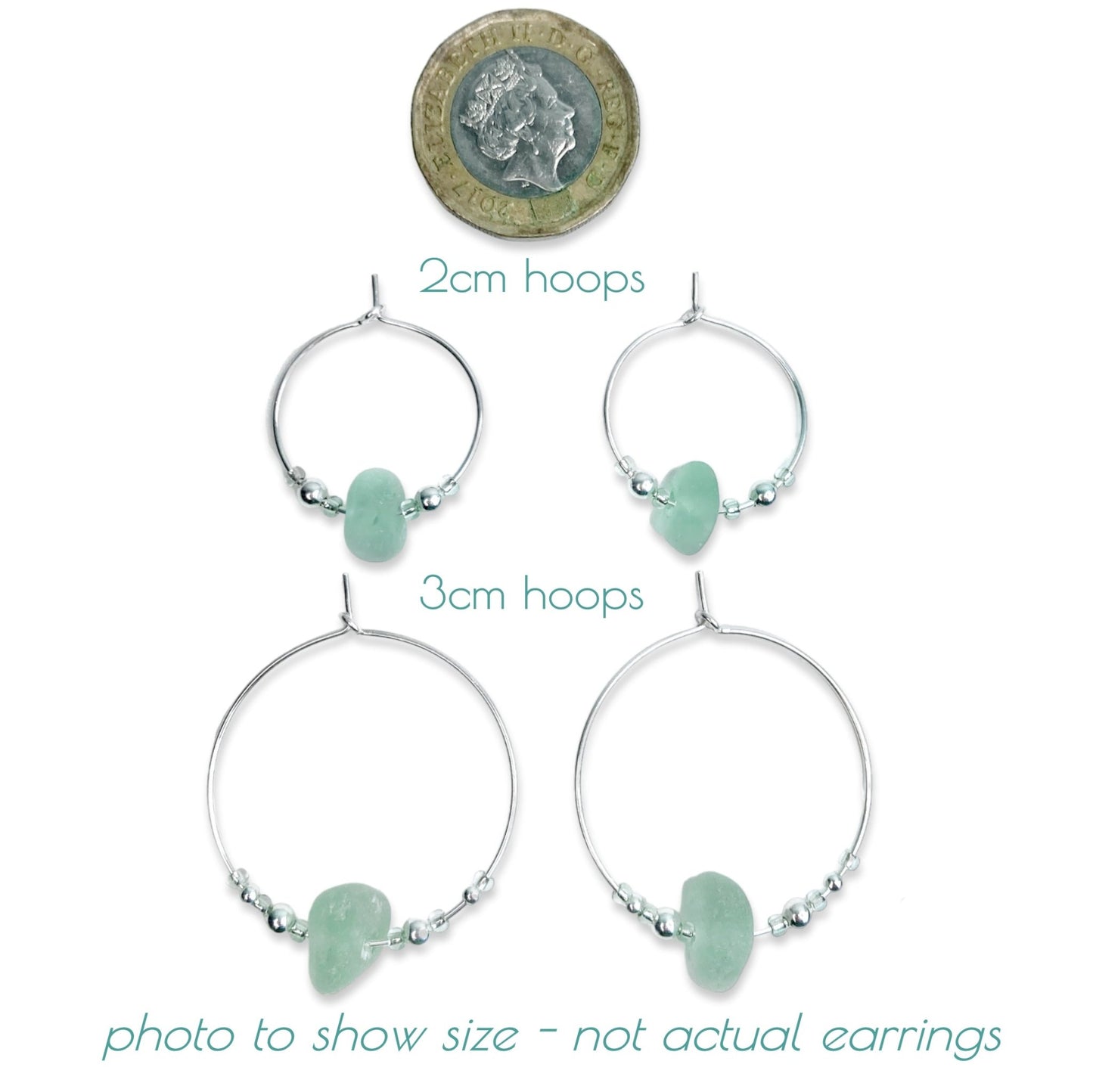 Green Sea Glass Small Hoop Earrings - 2cm Sterling Silver with Jade Crystal Beads - East Neuk Beach Crafts