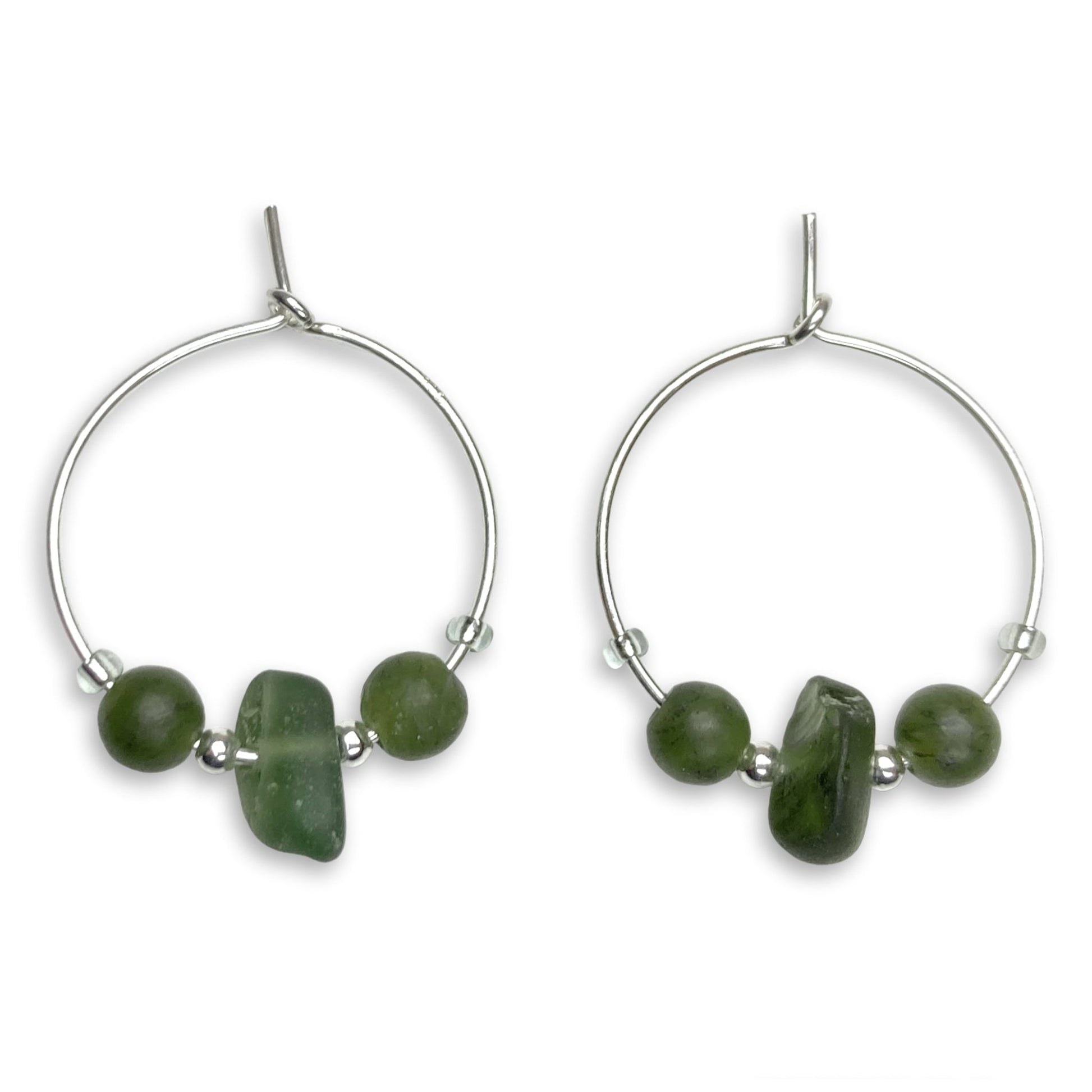 Green Sea Glass Small Hoop Earrings - 2cm Sterling Silver with Jade Crystal Beads - East Neuk Beach Crafts