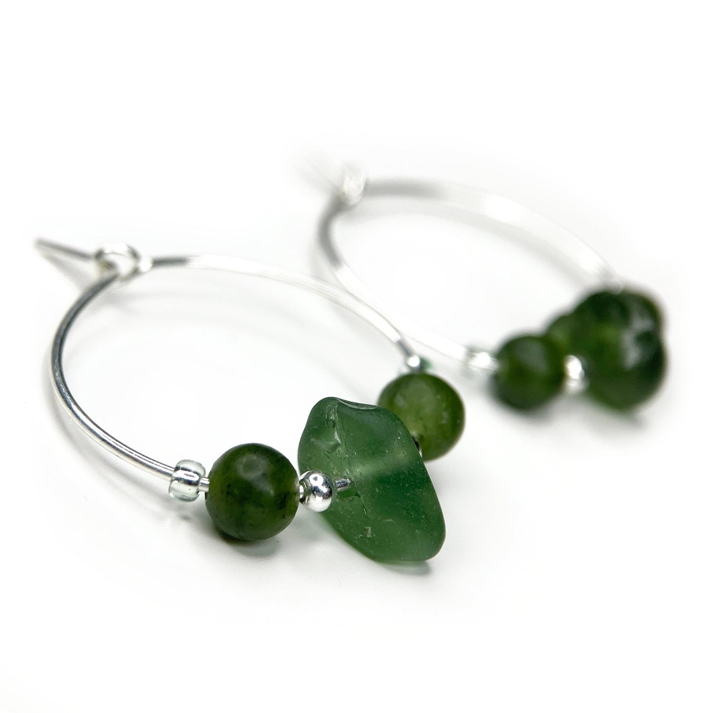 Green Sea Glass Small Hoop Earrings - 2cm Sterling Silver with Jade Crystal Beads - East Neuk Beach Crafts