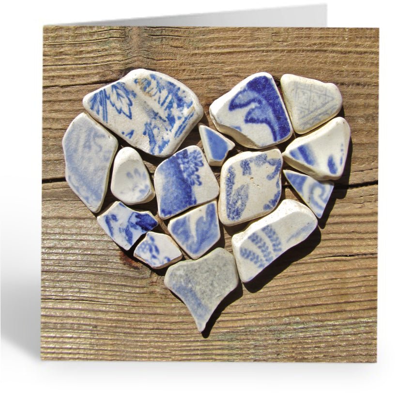 Greetings Card - Blue Pottery Love Heart on Driftwood - East Neuk Beach Crafts
