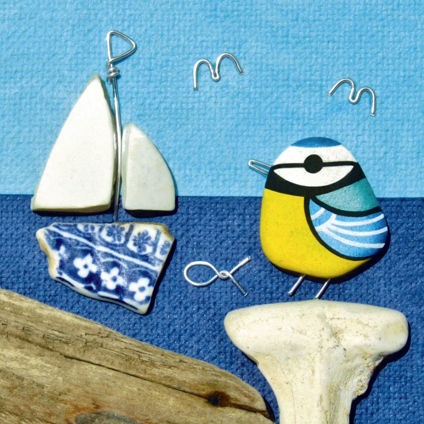 Greetings Card - Blue Tit and Sailing Boat - Seaside Pebble Art - East Neuk Beach Crafts