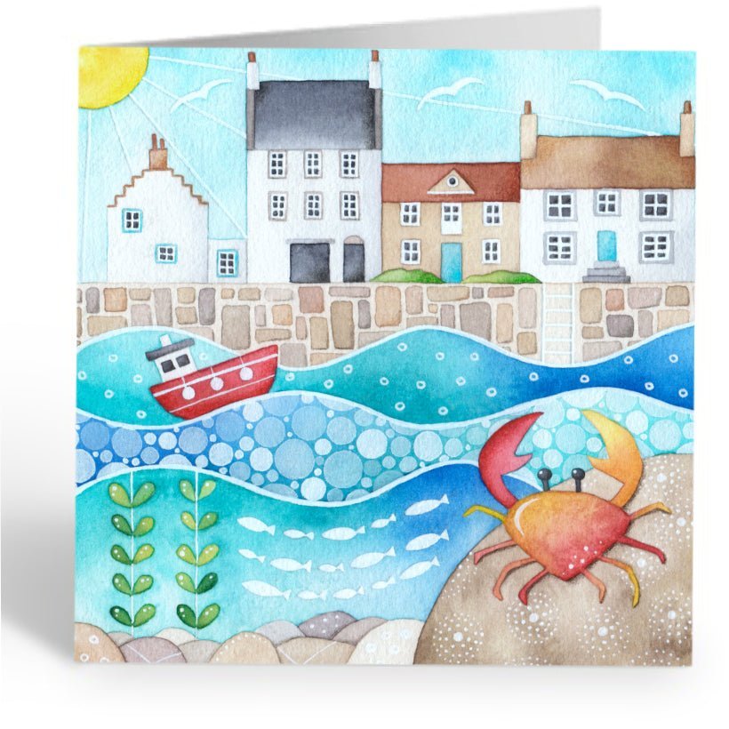 Greetings Card - Crail Harbour & Crab - East Neuk of Fife Seaside Paintings - East Neuk Beach Crafts