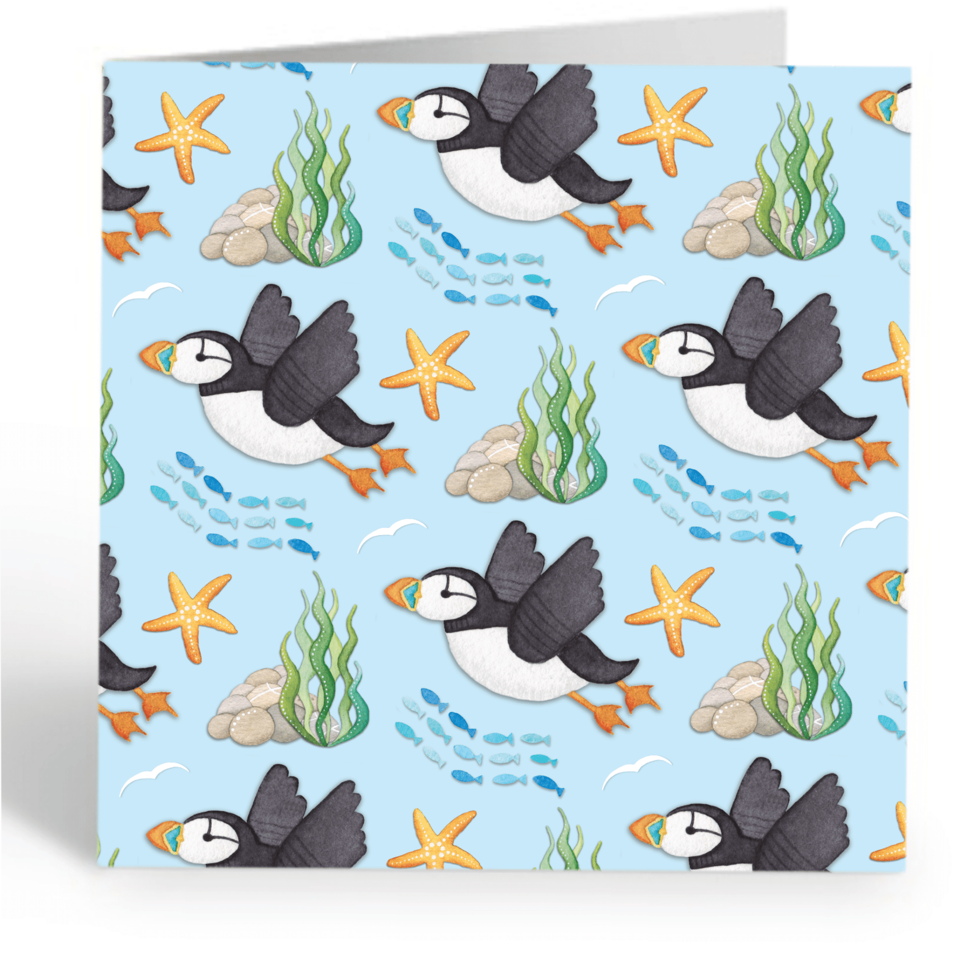 Greetings Card - Flying Puffins Pattern - Seaside Watercolour Painting - East Neuk Beach Crafts