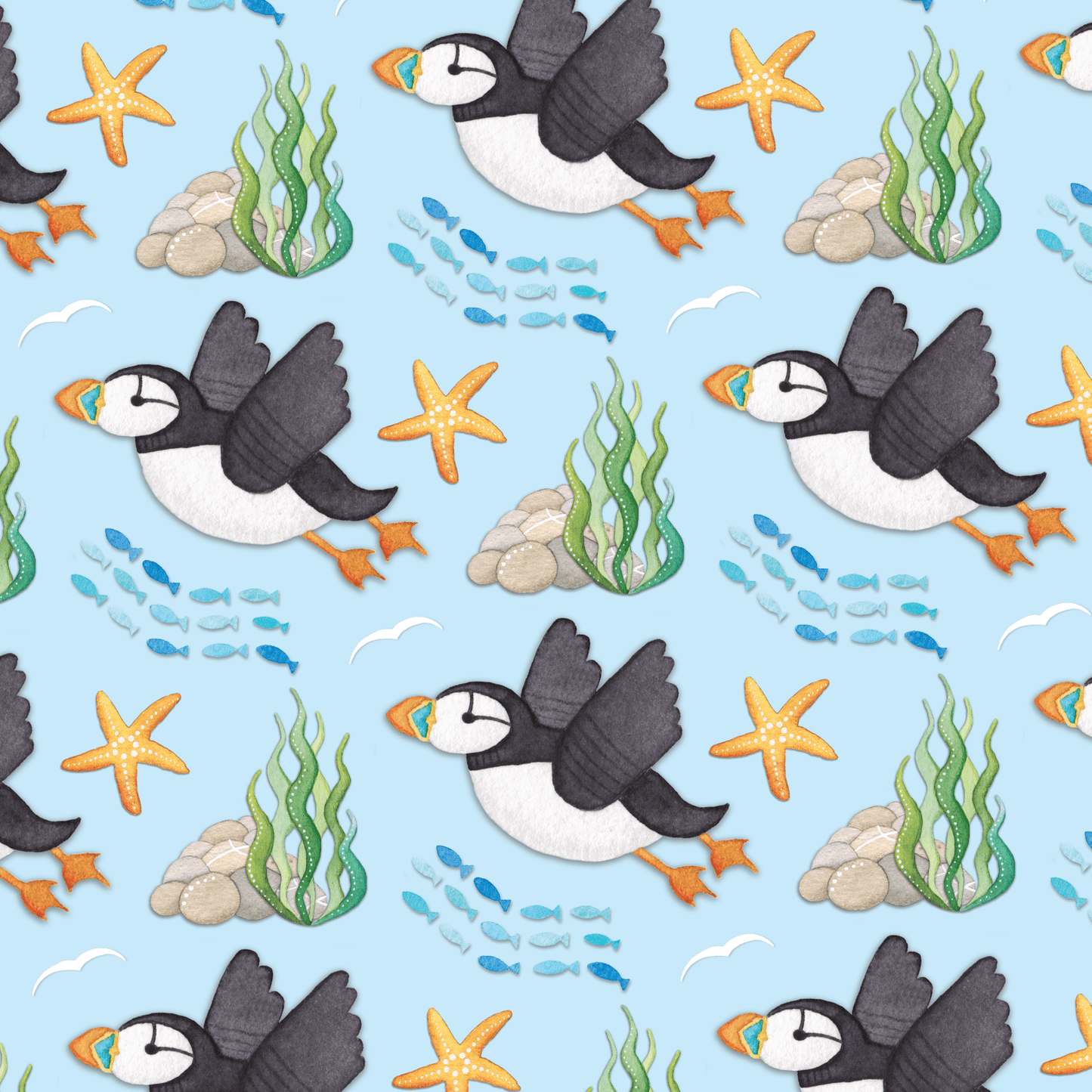 Greetings Card - Flying Puffins Pattern - Seaside Watercolour Painting - East Neuk Beach Crafts