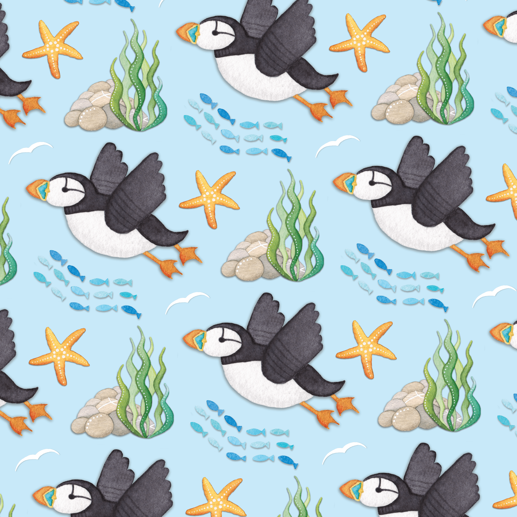 Greetings Card - Flying Puffins Pattern - Seaside Watercolour Painting - East Neuk Beach Crafts