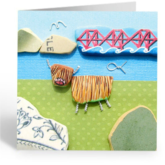 Greetings Card - Highland Cow and Forth Rail Bridge - Seaside Pebble Art - East Neuk Beach Crafts