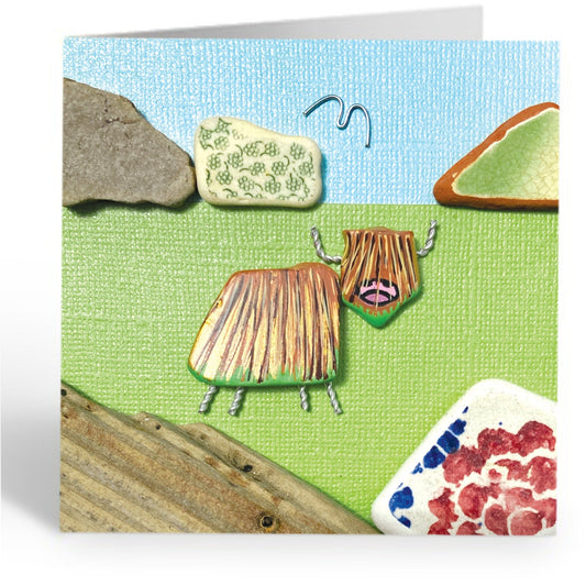 Greetings Card - Highland Cow in the Highlands Pebble Art - East Neuk Beach Crafts