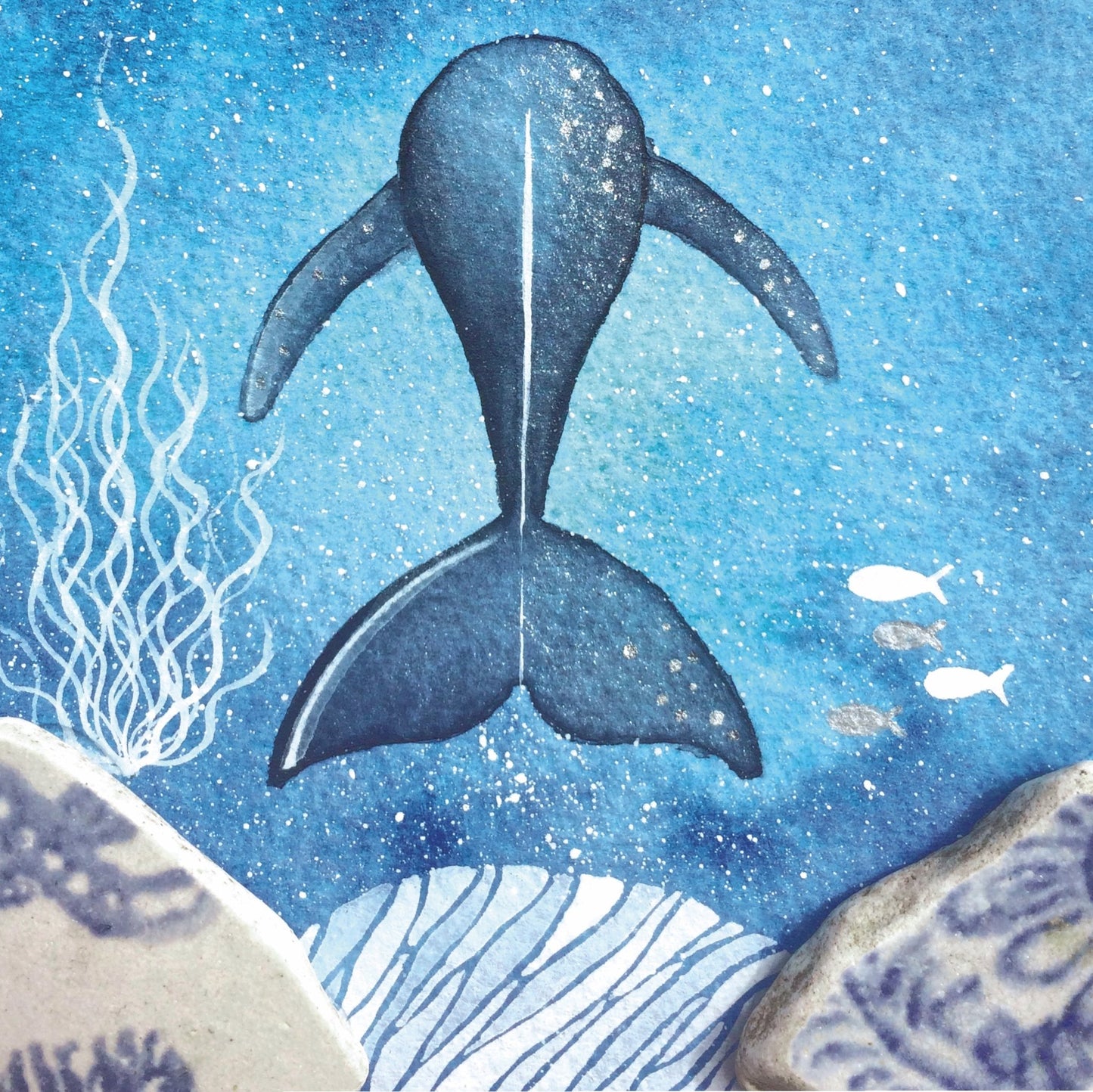 Greetings Card - Indigo Whale - Underwater Watercolour Pebble Art - East Neuk Beach Crafts