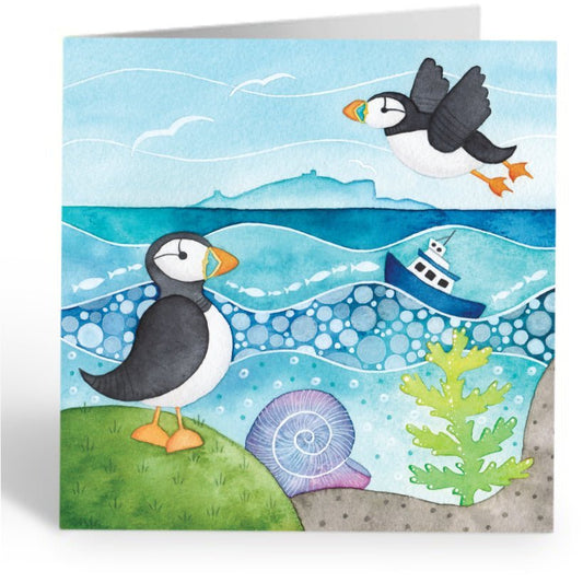 Greetings Card - Isle of May Puffins - East Neuk of Fife Seaside Paintings - East Neuk Beach Crafts