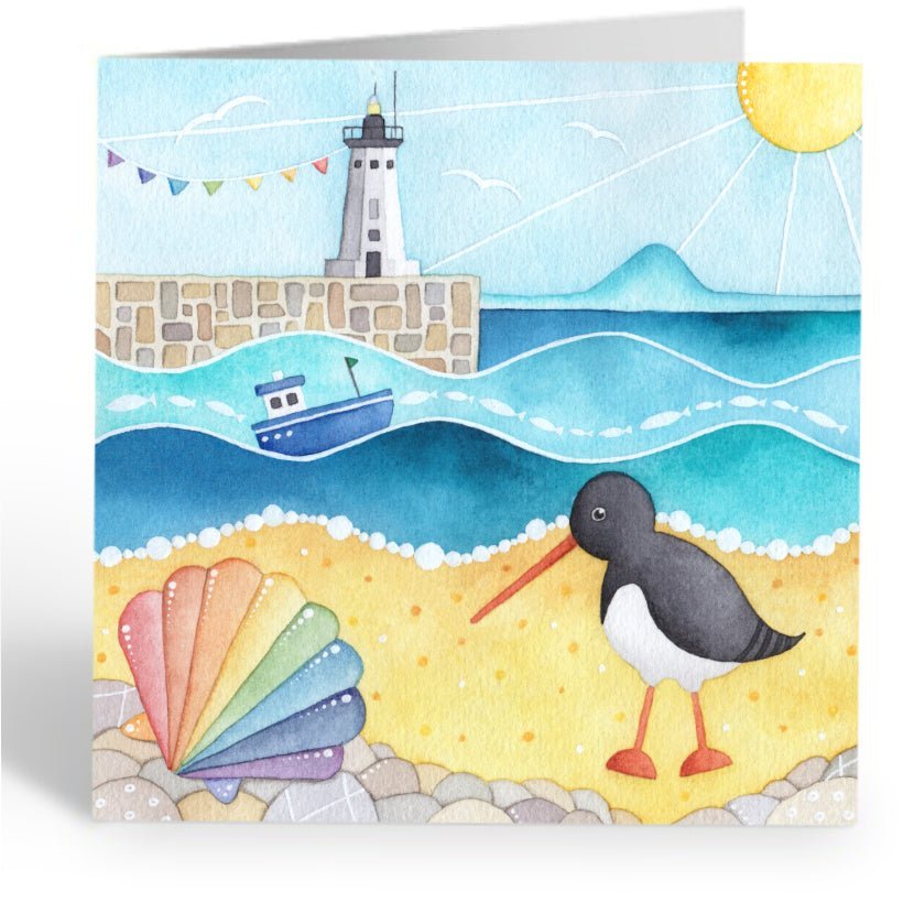 Greetings Card - Oystercatcher and Anstruther Lighthouse - East Neuk of Fife Seaside Paintings - East Neuk Beach Crafts