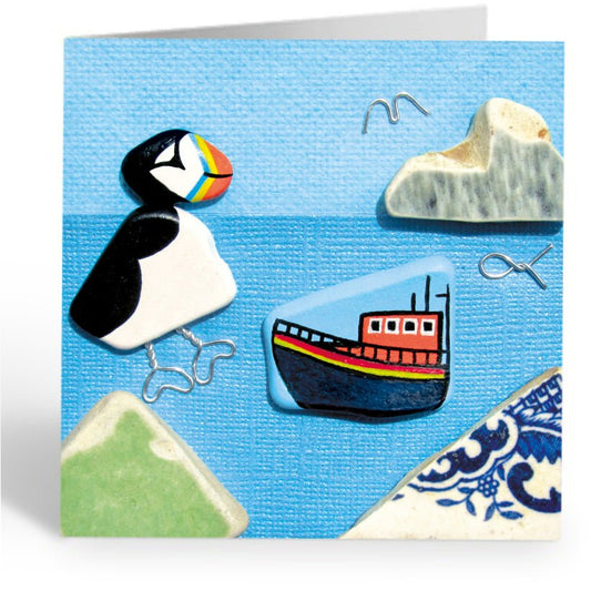 Greetings Card - Puffin and RNLI Lifeboat - Seaside Pebble Art - East Neuk Beach Crafts