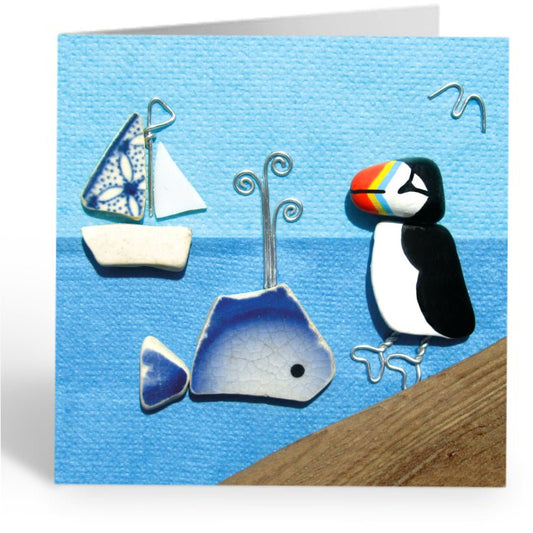 Greetings Card - Puffin, Whale and Sailing Boat - Seaside Pebble Art - East Neuk Beach Crafts