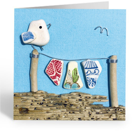Greetings Card - Seagull and Washing Line - Seaside Pebble Art - East Neuk Beach Crafts