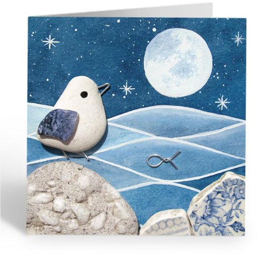 Greetings Card - Seagull by Blue Moonlight - Seaside Pebble Art - East Neuk Beach Crafts