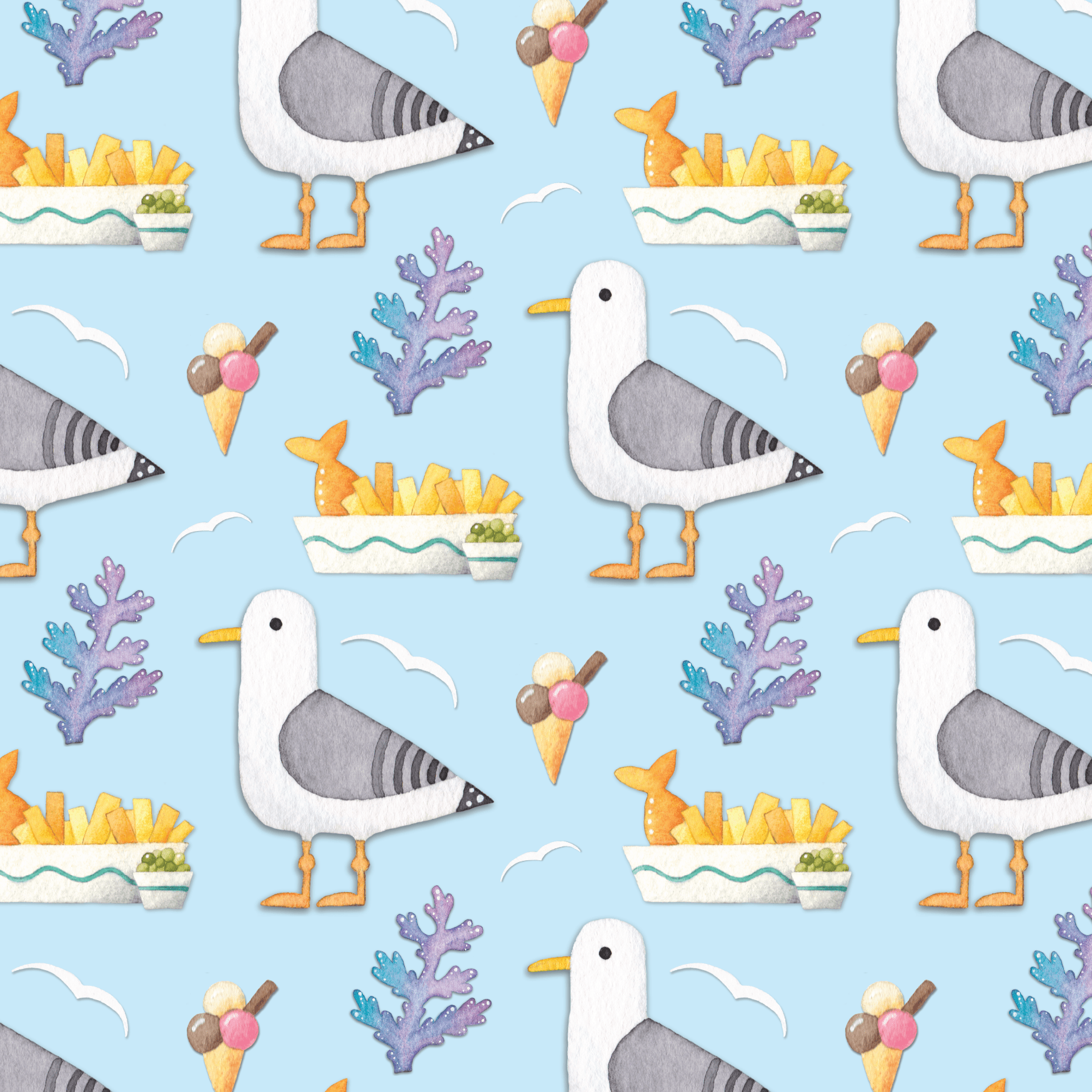 Greetings Card - Seagull's Feast Pattern - Seaside Watercolour Painting - East Neuk Beach Crafts