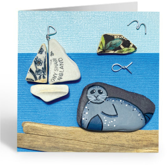 Greetings Card - Seal and Sailing Boat - Seaside Pebble Art - East Neuk Beach Crafts