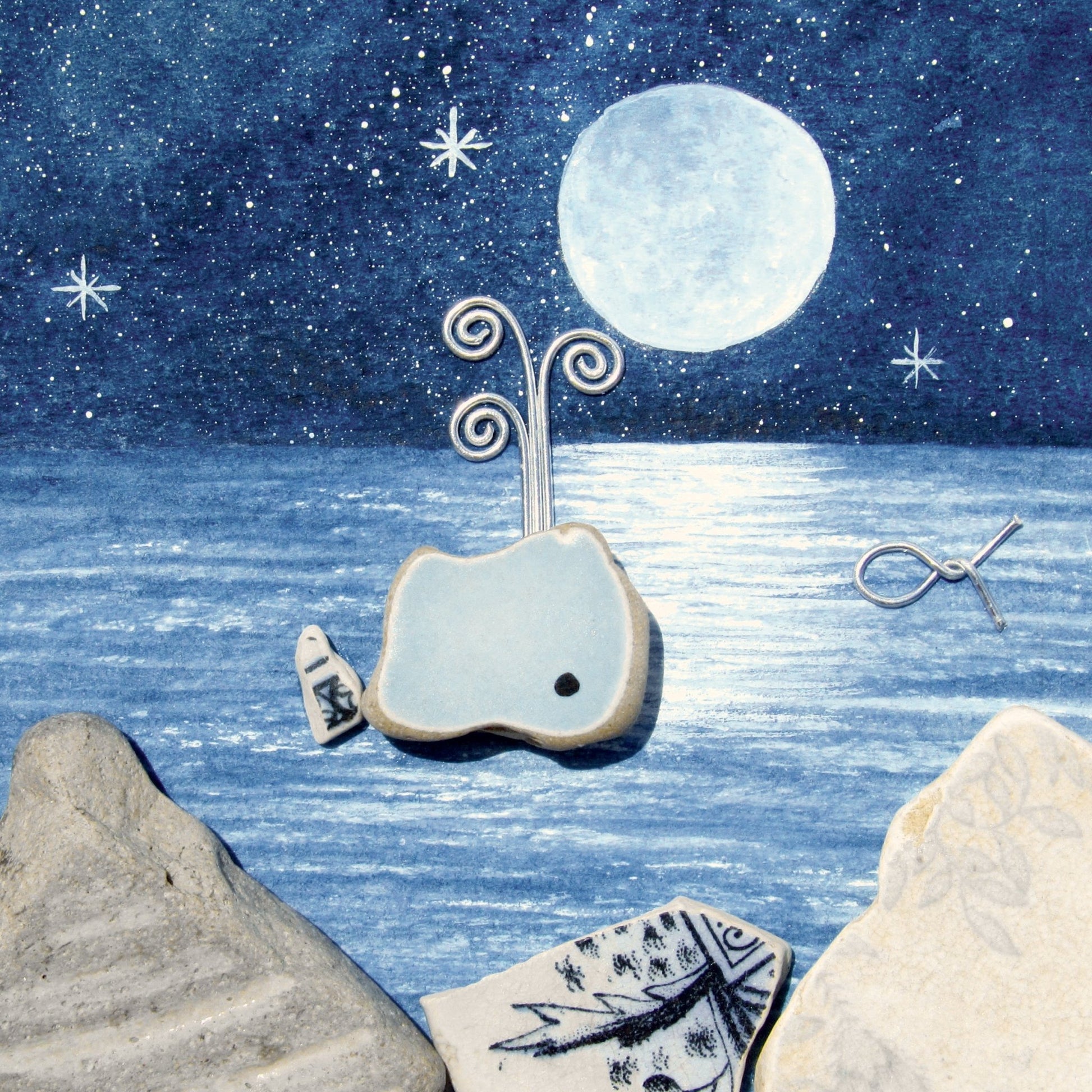 Greetings Card - Whale by Moonlight - Seaside Pebble Art - East Neuk Beach Crafts