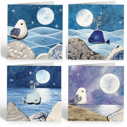 Greetings Cards (Pack of 4) "Moonlight Marines" Seagulls and Whales - East Neuk Beach Crafts
