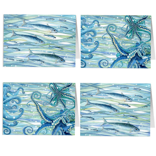 Greetings Cards (Pack of 4) "Silvery Seas" Fish and Octopus - East Neuk Beach Crafts
