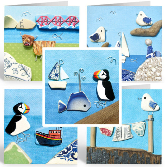 Greetings Cards (Pack of 5) "Beachy Brights" - Puffins, Seagulls, Whales & Highland Cows - East Neuk Beach Crafts