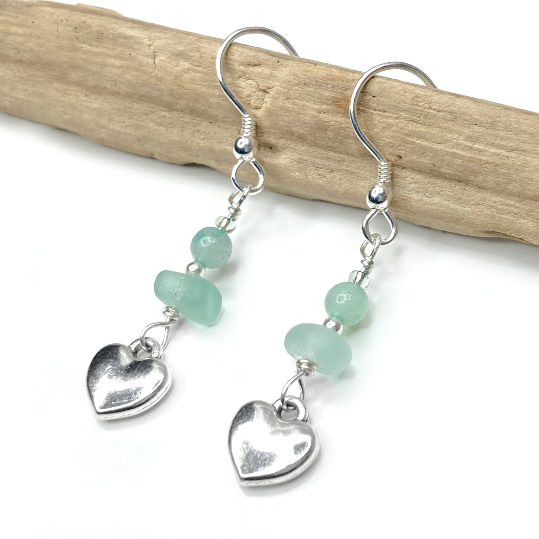 Heart Earrings - Green Sea Glass & Silver Jewellery with Amazonite Crystal Beads - East Neuk Beach Crafts