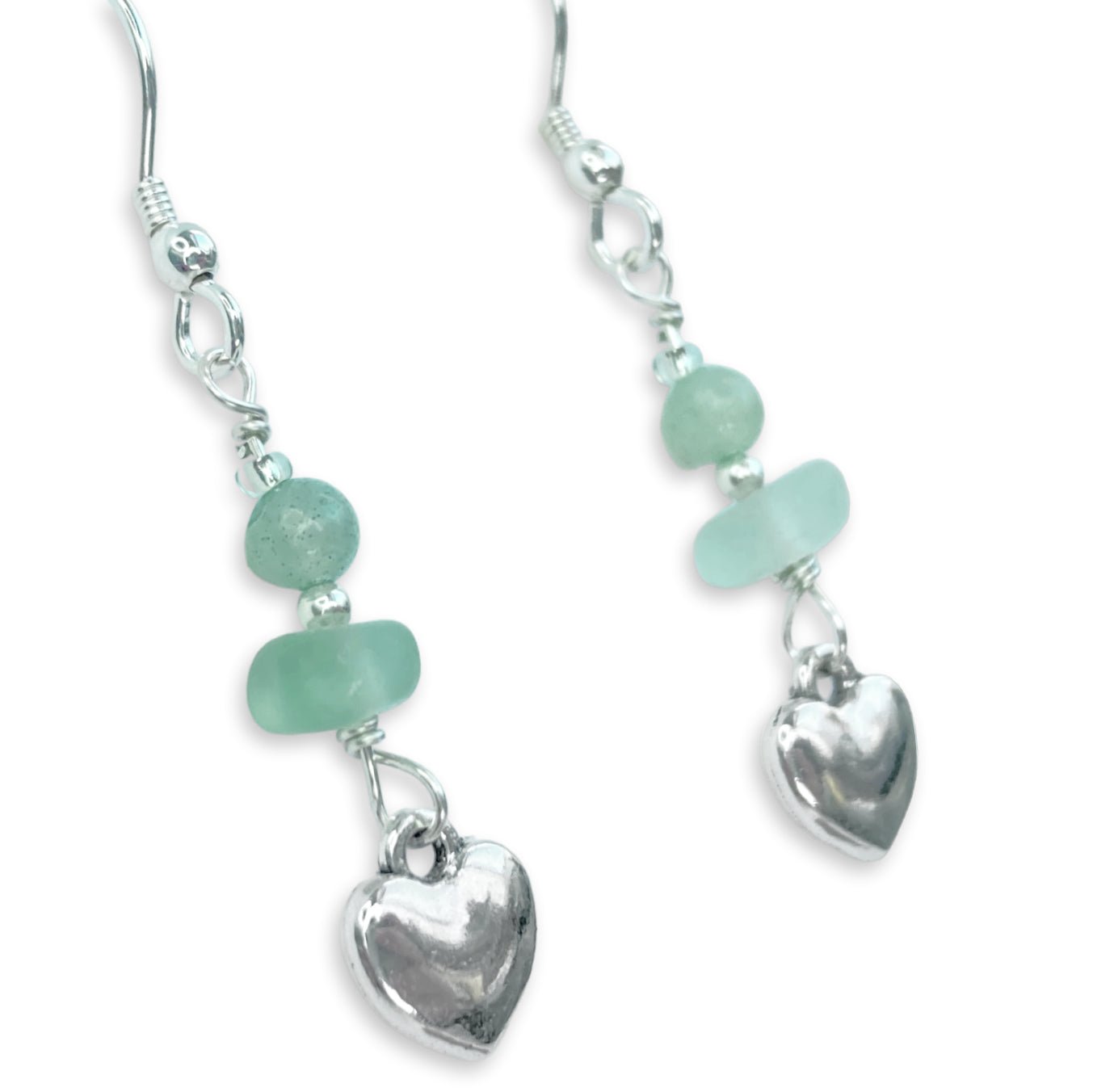 Heart Earrings - Green Sea Glass & Silver Jewellery with Amazonite Crystal Beads - East Neuk Beach Crafts