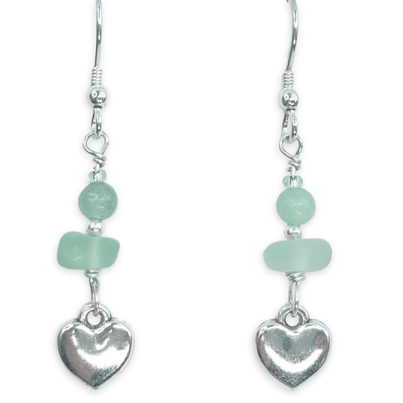 Heart Earrings - Green Sea Glass & Silver Jewellery with Amazonite Crystal Beads - East Neuk Beach Crafts