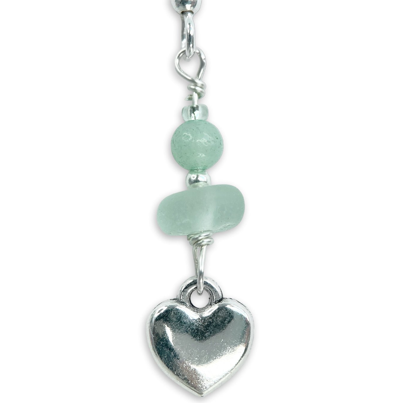 Heart Earrings - Green Sea Glass & Silver Jewellery with Amazonite Crystal Beads - East Neuk Beach Crafts